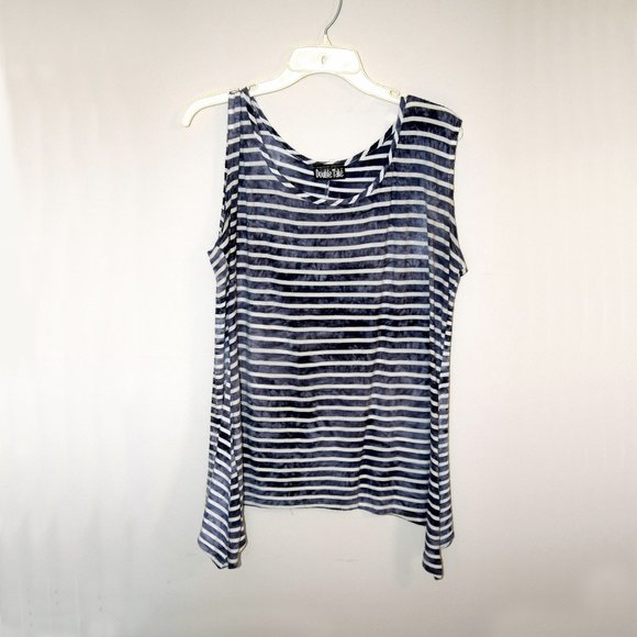 Womens Tank Top with White and Blue Tie-Dyed Stipes, Longer on the Sides - Picture 1 of 4